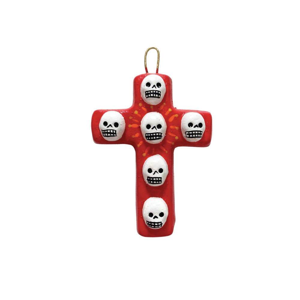 Day Of The Dead Clay Mini Cross - Red